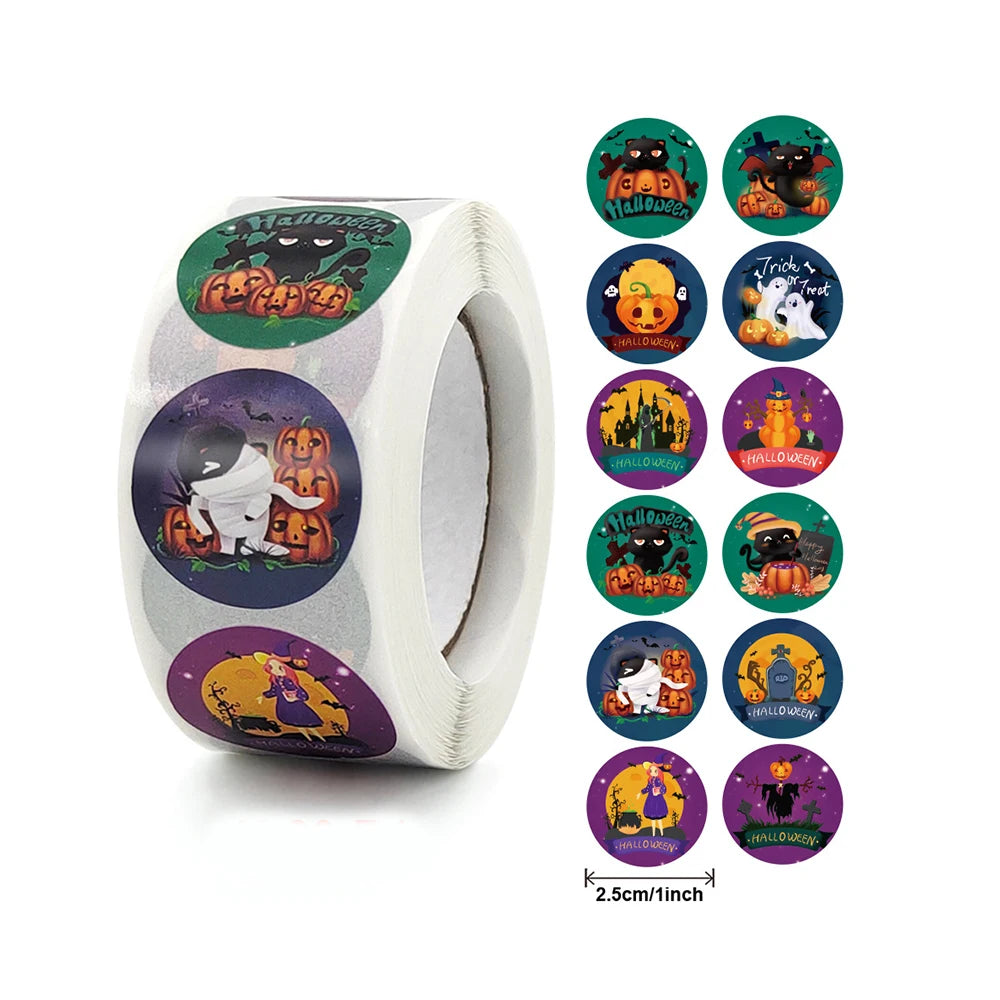Roll of Halloween stickers, each 1 inch in diameter, featuring designs like pumpkins, black cats, ghosts, and witches, in vibrant colors with "Halloween" text.