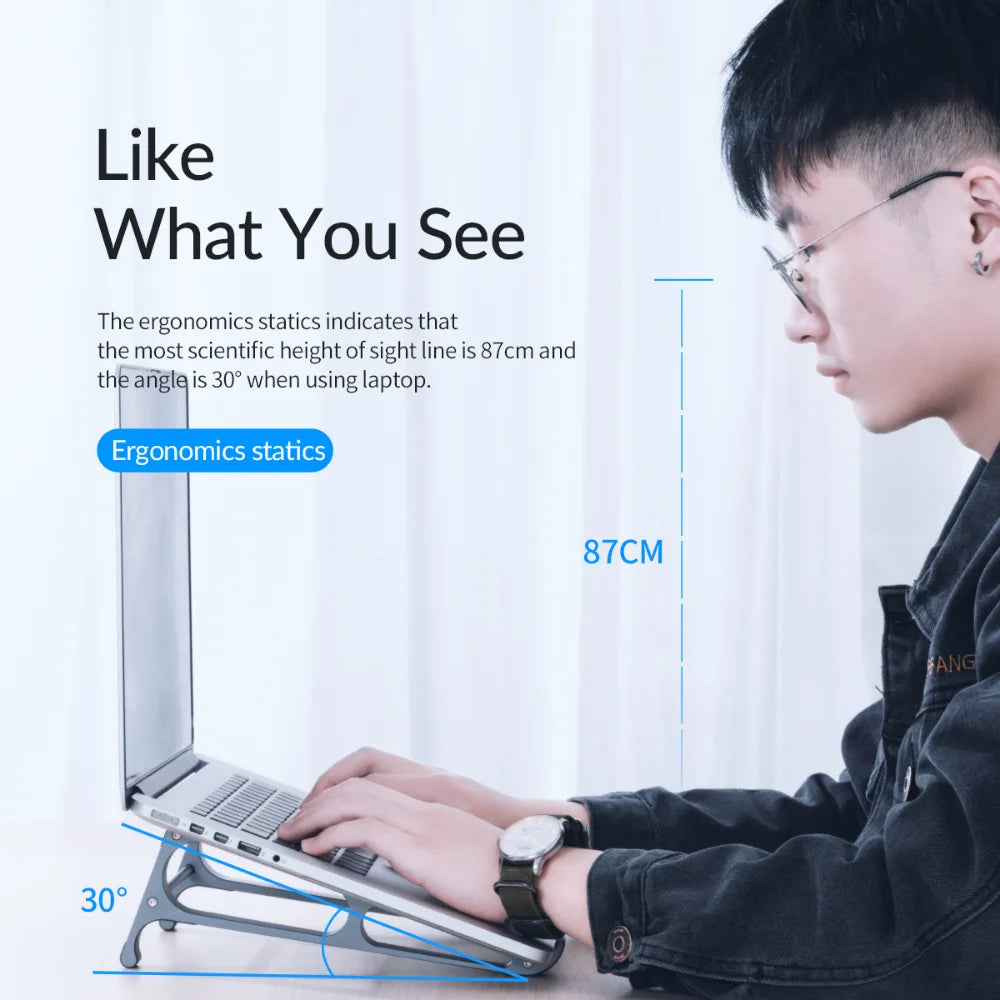 A person uses a laptop on a stand, maintaining an ergonomic posture. Text highlights an ideal 87cm sight line height and 30° angle for laptop use, promoting ergonomic statics.