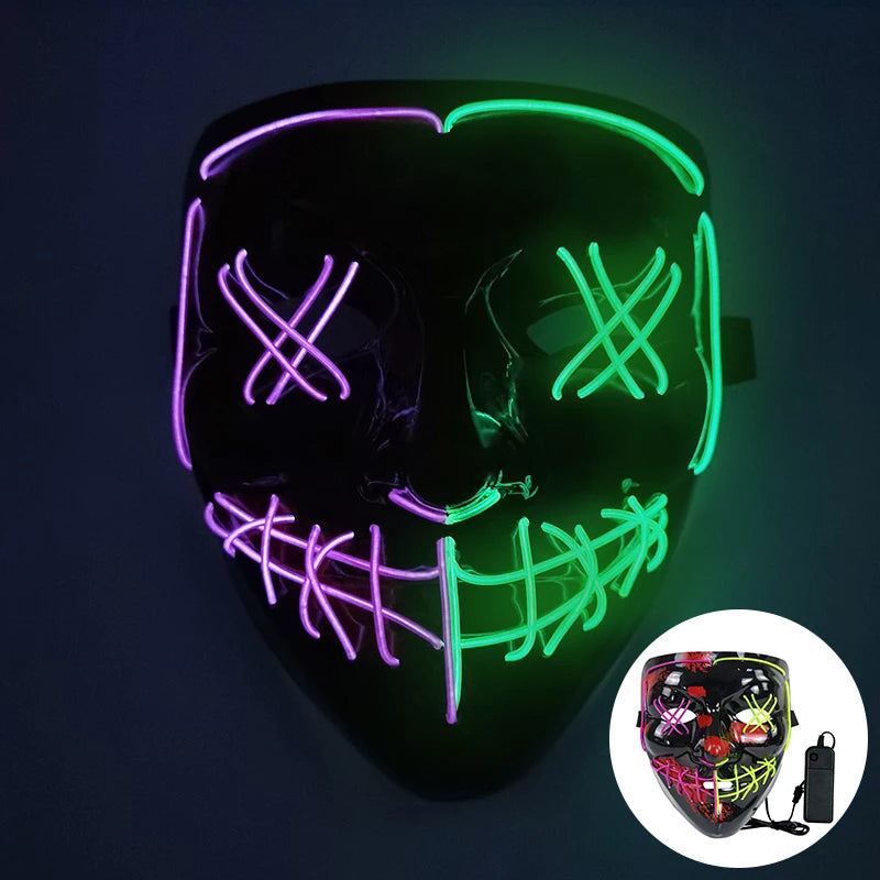 Glowing LED face mask with neon purple and green accents, featuring crossed eyes and a stitched smile design. Includes a handheld controller in a circular inset image.