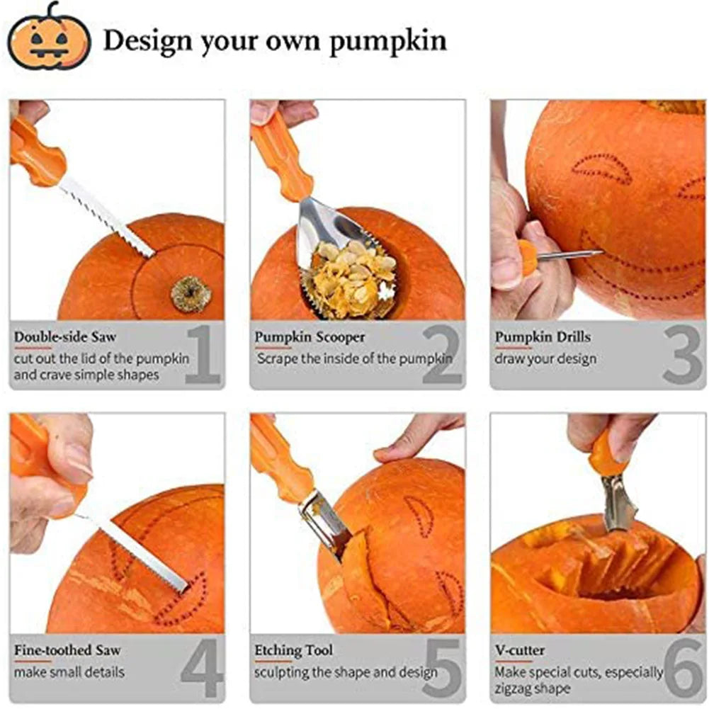 Step-by-step pumpkin carving guide: 1. Cut lid with saw, 2. Scoop out seeds, 3. Draw design with drills, 4. Detail with fine-toothed saw, 5. Sculpt with etching tool, 6. Cut zigzags with V-cutter.