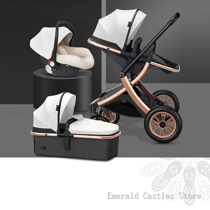 Elegant stroller set with white and black finish, featuring a baby car seat, a carrycot, and a stroller with bronze accents, displayed on a dark gray backdrop.