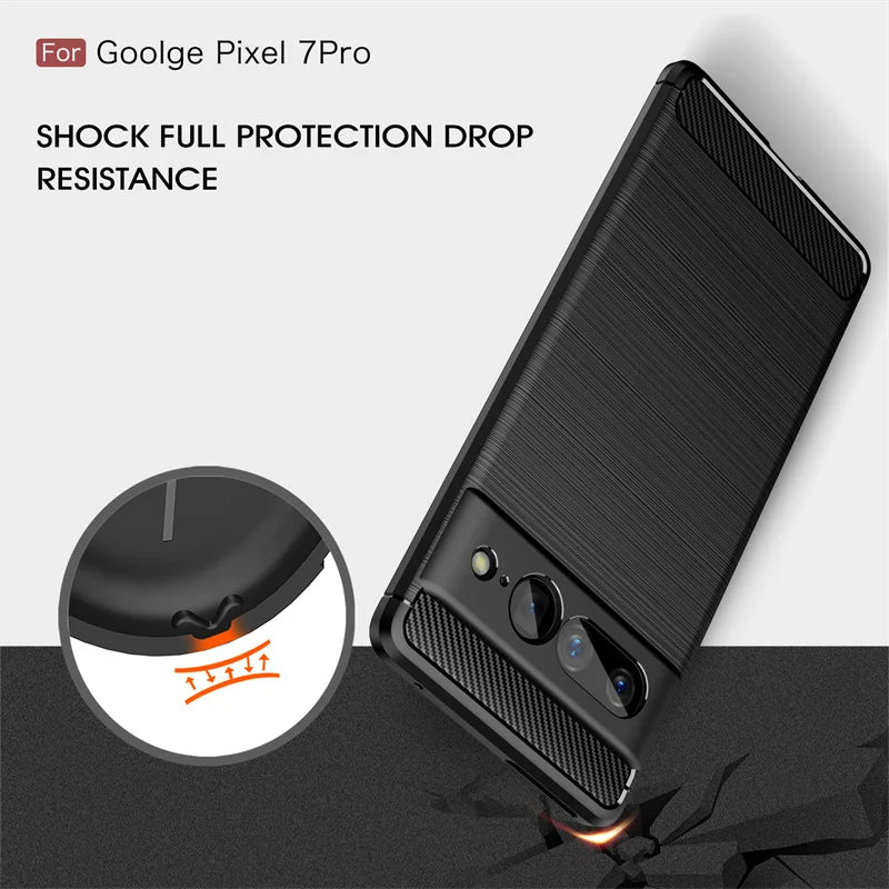 Black protective case for Google Pixel 7 Pro, showcasing shock and drop resistance. Highlighted corner detail with impact absorption feature. Text emphasizes full protection.