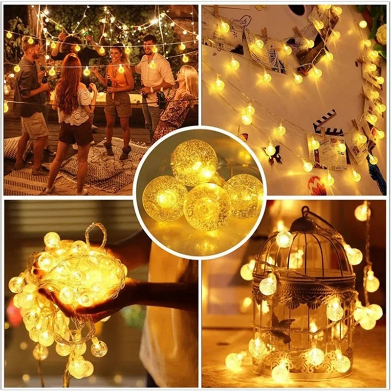 Warm, yellow string lights illuminate a cozy gathering of friends outdoors. Additional images show close-ups of glowing bulb clusters, creating a festive and inviting atmosphere.