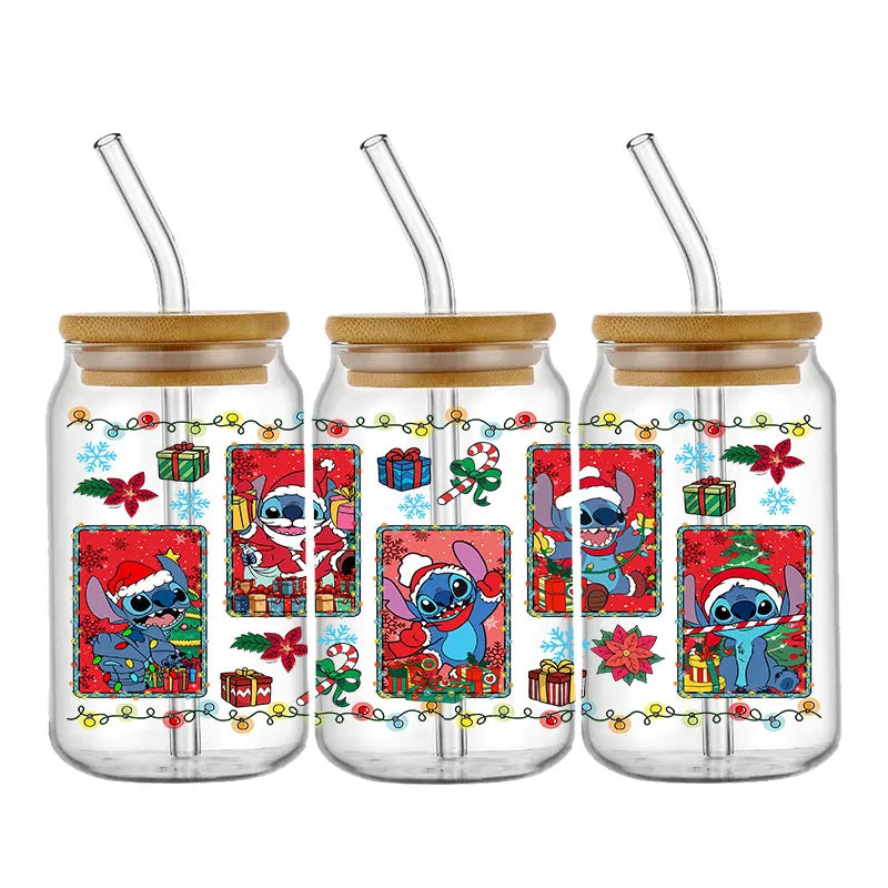 Three festive glass jars with bamboo lids and straws, featuring Santa-hat-wearing cartoon characters, snowflakes, poinsettias, gifts, candy canes, and Christmas lights.
