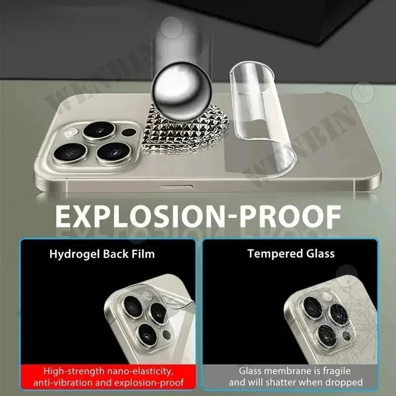 Hydrogel back film on a smartphone, showcasing high-strength, nano-elasticity against explosions, compared to fragile tempered glass that shatters upon impact.