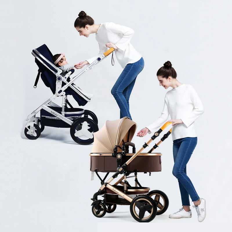 A woman in jeans and a white sweater interacts with a baby in a modern stroller. The scene shows two strollers: navy blue and tan, highlighting versatility and style.