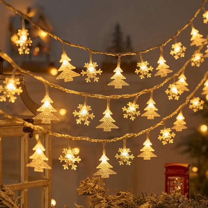 Warm, glowing Christmas lights shaped like snowflakes and trees hang festively indoors. A cozy ambiance is created with subtle hints of holiday decor in the background.