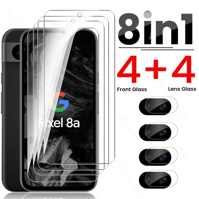 8-in-1 screen protector set for Pixel 8a includes 4 front glass covers and 4 lens protectors. Display and camera glass layers are shown alongside text highlighting their features.