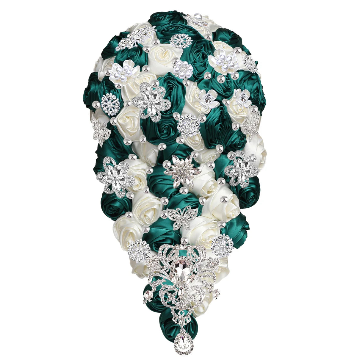 A bouquet of white and dark green satin roses embellished with silver brooches and pearls, shaped in a cascading waterfall design.