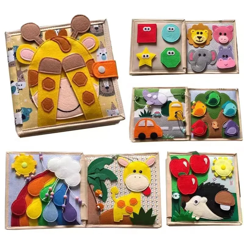 Colorful felt activity book pages featuring animals, shapes, and nature scenes. Includes giraffes, a rainbow, a hedgehog, apples, and more, designed for interactive play.