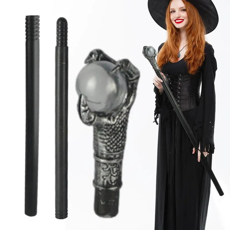 A woman dressed as a witch in black holds a long, black staff with a decorative claw and orb handle. Two close-up views of the staff show its details.