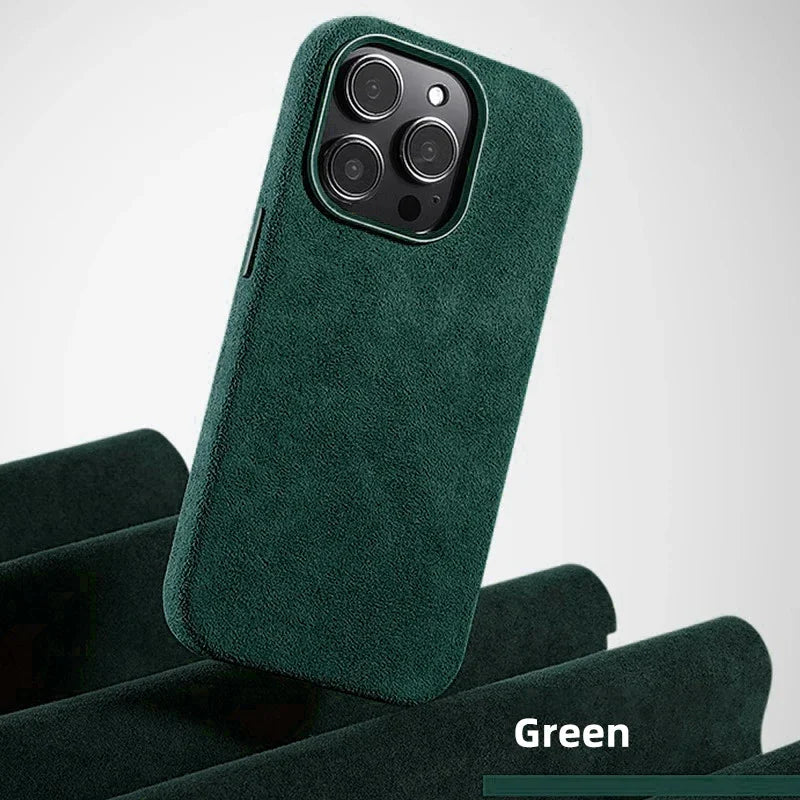 Dark green textured smartphone case with precise camera cutouts, displayed on matching green surface. The word "Green" is visible at the bottom right corner.