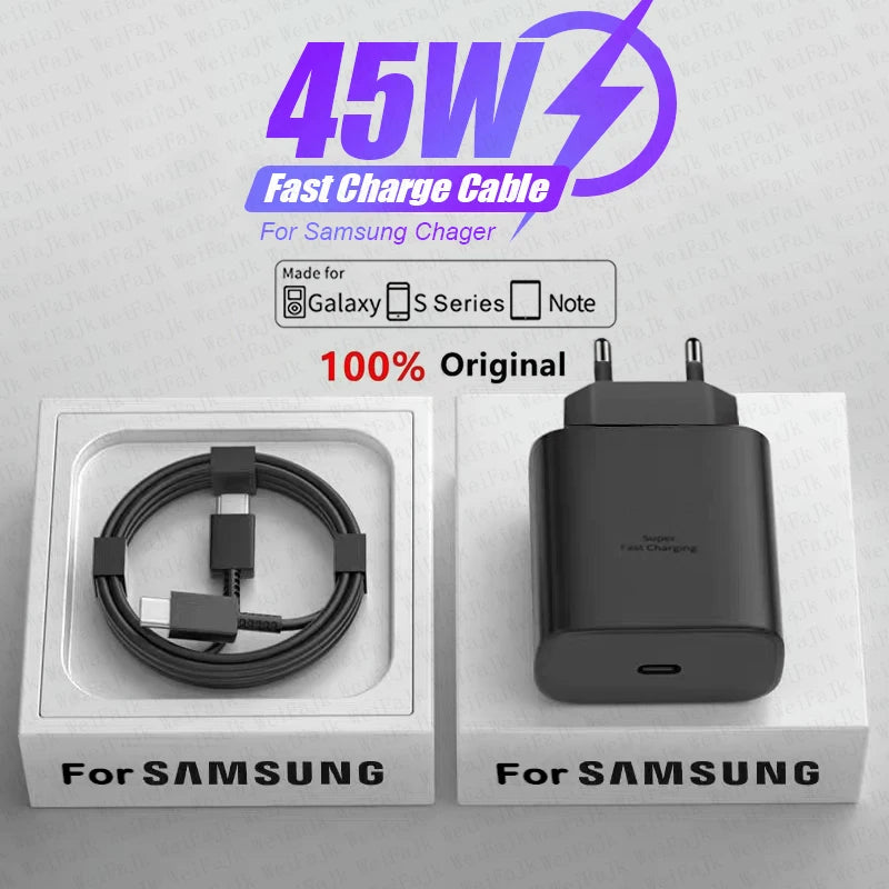 Samsung 45W fast charger and cable set for Galaxy, S Series, and Note. Labeled 100% original, the black charger and cable are displayed in their packaging.