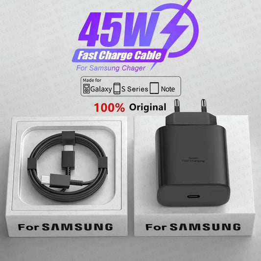 Samsung 45W fast charger and cable set for Galaxy, S Series, and Note. Labeled 100% original, the black charger and cable are displayed in their packaging.