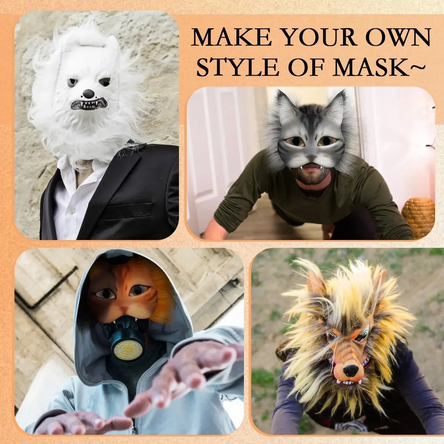 A collage of four people wearing different animal-themed masks, including a white wolf, gray cat, fox with a gas mask, and yellow-maned creature. Text reads, "Make Your Own Style of Mask."