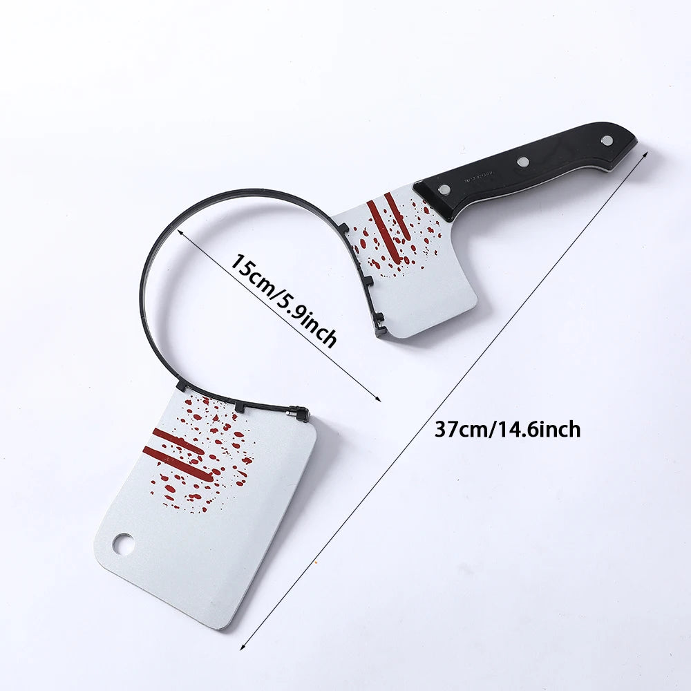 Novelty headband featuring a plastic cleaver cut in half, appearing to pierce the wearer's head. The blade is white with red splatter detail. Measurements included.