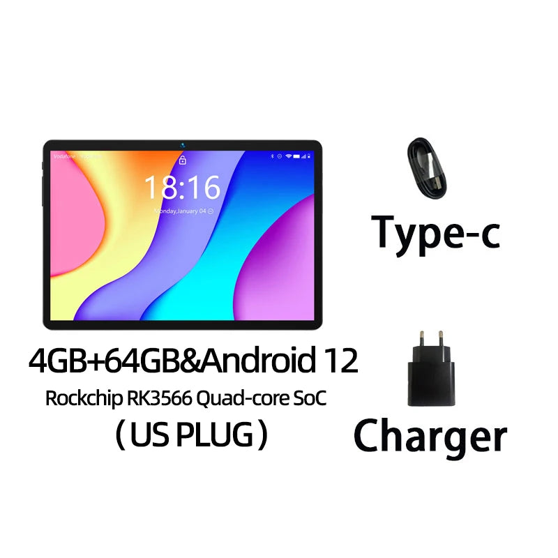 Tablet with colorful display, labeled 4GB+64GB Android 12, Rockchip RK3566, US plug. Includes Type-C cable and charger. Time on screen is 18:16, date Monday, January 4.