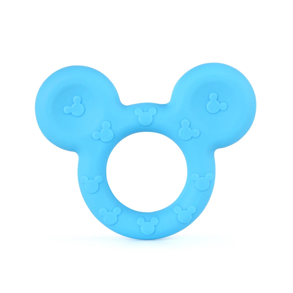 Blue teething ring in the shape of a mouse's head, featuring embossed mouse silhouettes. Made of soft silicone, it's designed for babies to soothe gums.