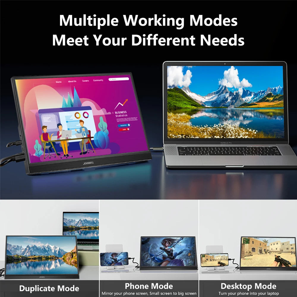 Dual-screen setup featuring a laptop and an external monitor. Text reads "Multiple Working Modes Meet Your Different Needs" with modes: Duplicate, Phone, and Desktop shown below.