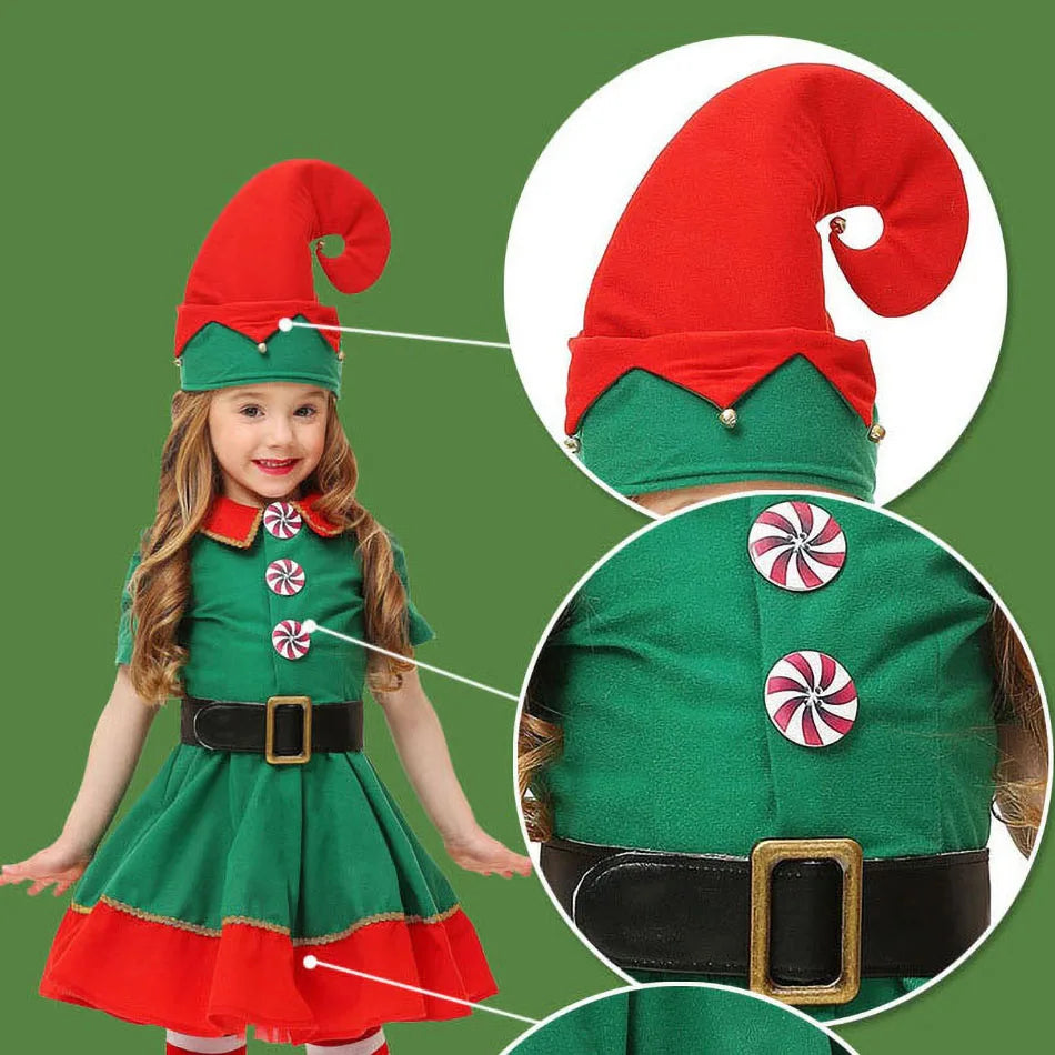 Young girl in a green and red elf costume with a tall red hat, peppermint candy buttons, and a wide black belt with a gold buckle. The background is solid green.