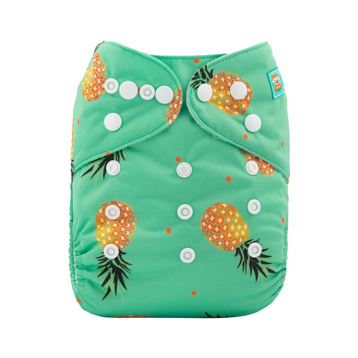 Green reusable diaper with a pineapple pattern featuring white snaps on the front for adjustable sizing.