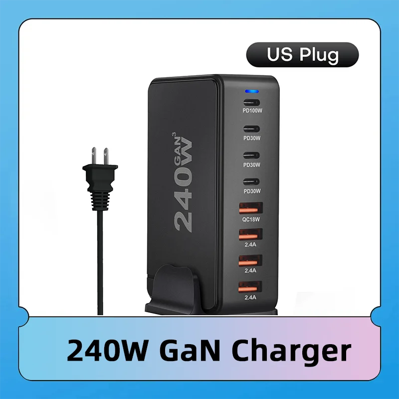 Black 240W GaN charger with multiple USB and USB-C ports labeled with varying wattages, alongside a US plug. Blue background with "240W GaN Charger" text at the bottom.