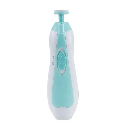 White and teal electric manicure tool with a sleek ergonomic design. The tool features an oval teal section with small ridges, topped with a flat disc for nail care.