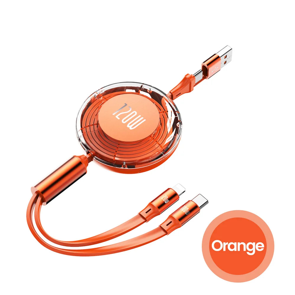 Orange retractable charging cable with dual connectors and USB plug, featuring a transparent, coiled design and marked with "120W" on the casing.