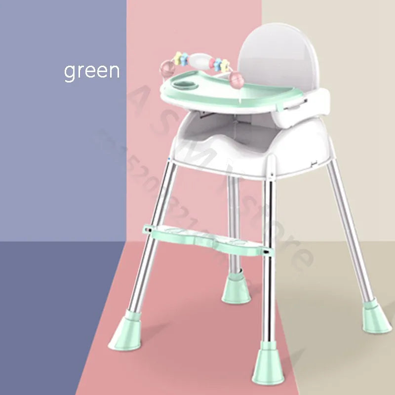 Modern high chair with a mint green tray and footrest, set against a multicolored pastel background. Features playful toy bar on the tray.
