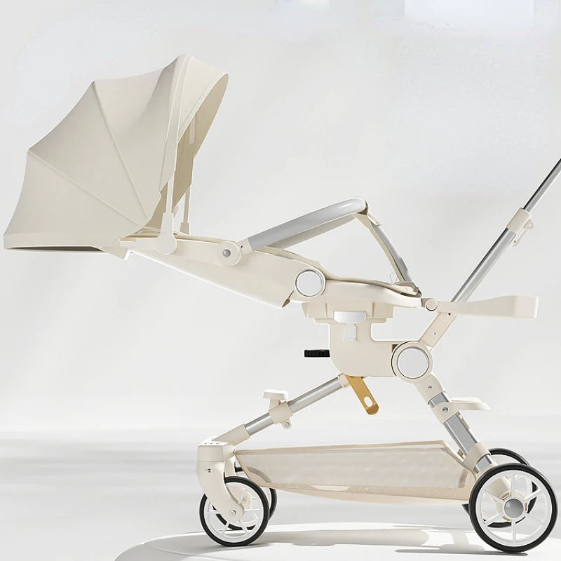 Minimalist white stroller with a modern design, featuring a canopy, adjustable handle, and mesh storage basket. The sleek frame has four wheels and a streamlined appearance.
