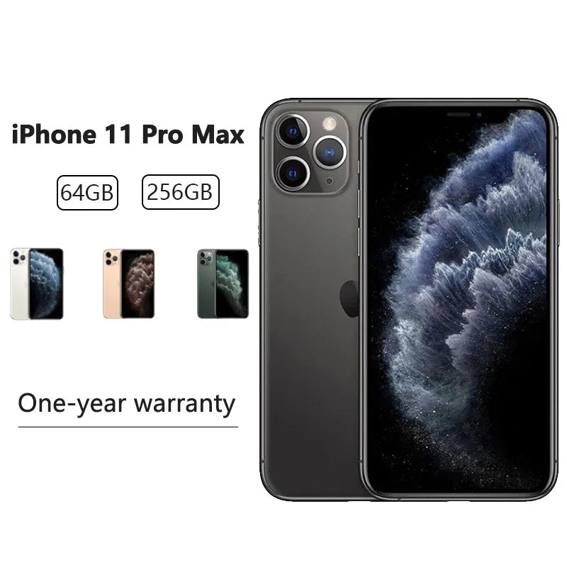 iPhone 11 Pro Max with three rear cameras shown in black. Available in 64GB and 256GB with a one-year warranty. Displays three other colors as mini-icons.