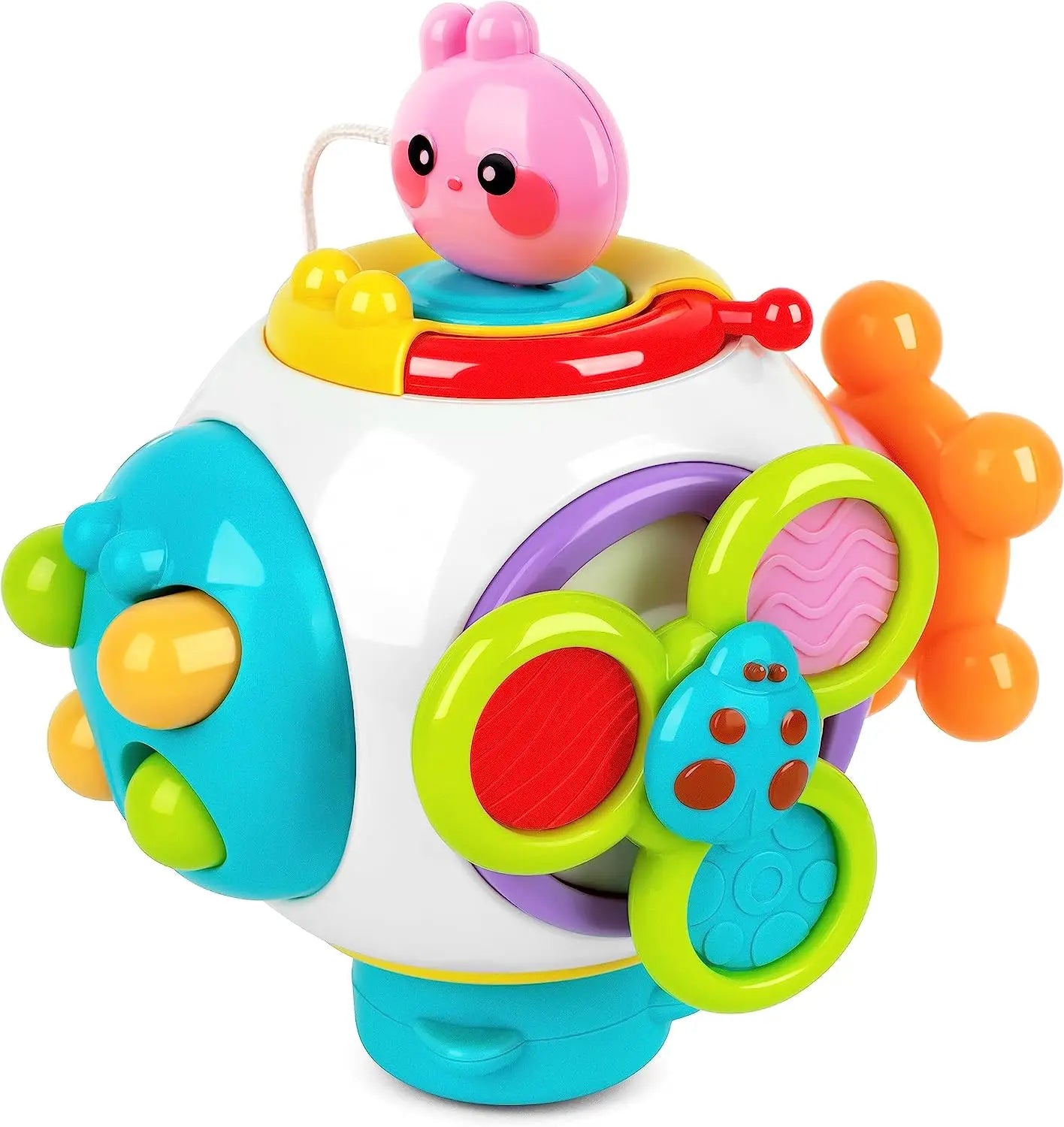 Colorful baby activity toy with a white base, featuring a pink bunny, spinning elements, and tactile features in blue, green, orange, and purple for sensory play.