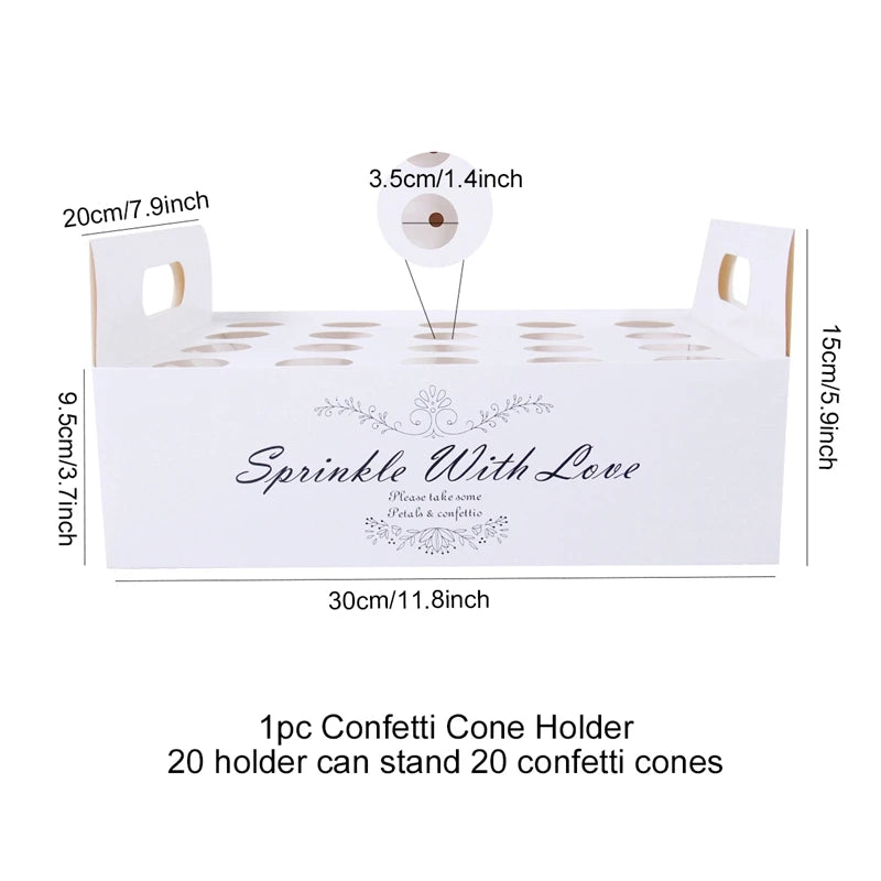 White confetti cone holder featuring "Sprinkle With Love" text. Holds 20 cones, dimensions: 30cm x 20cm x 15cm. Handle on each side, holes for cones are 3.5cm in diameter.