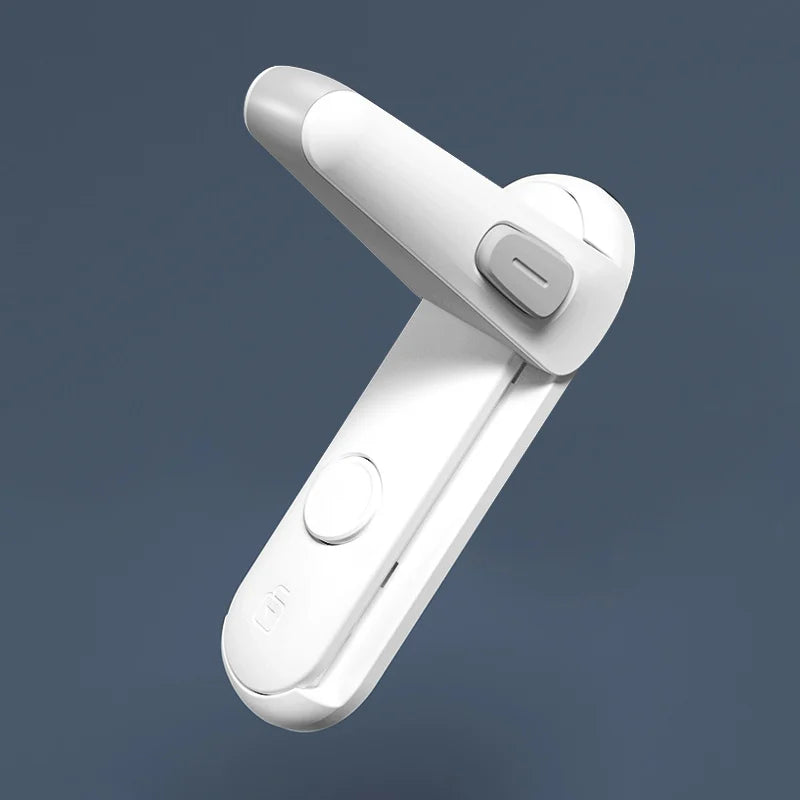 Sleek white and gray folding smartphone holder with an adjustable arm and round button, positioned against a smooth dark blue background.