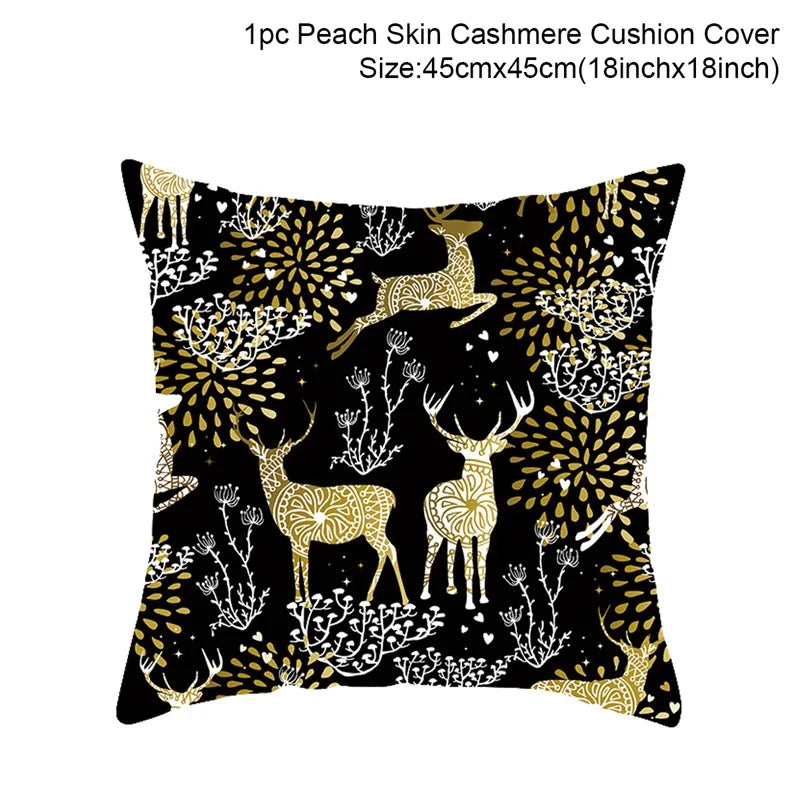 Black cushion cover with gold and white deer and floral patterns. Measures 45cm by 45cm. Text above reads "1pc Peach Skin Cashmere Cushion Cover, Size: 45cm x 45cm (18in x 18in)".