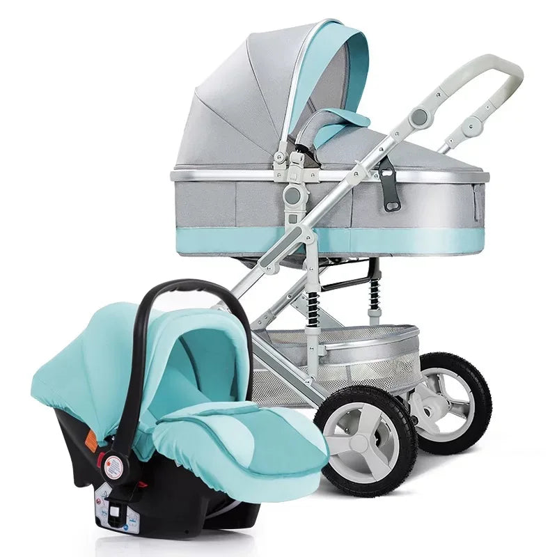 Gray and aqua stroller with a matching detachable car seat. The stroller has large wheels and a padded handle, offering a stylish and practical design for baby transportation.