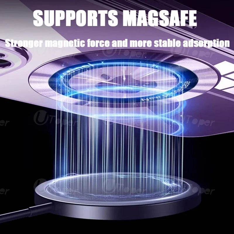 Purple and blue illustration showing a magnetic field between a MagSafe charger and device, with text highlighting stronger magnetic force and stable adsorption.