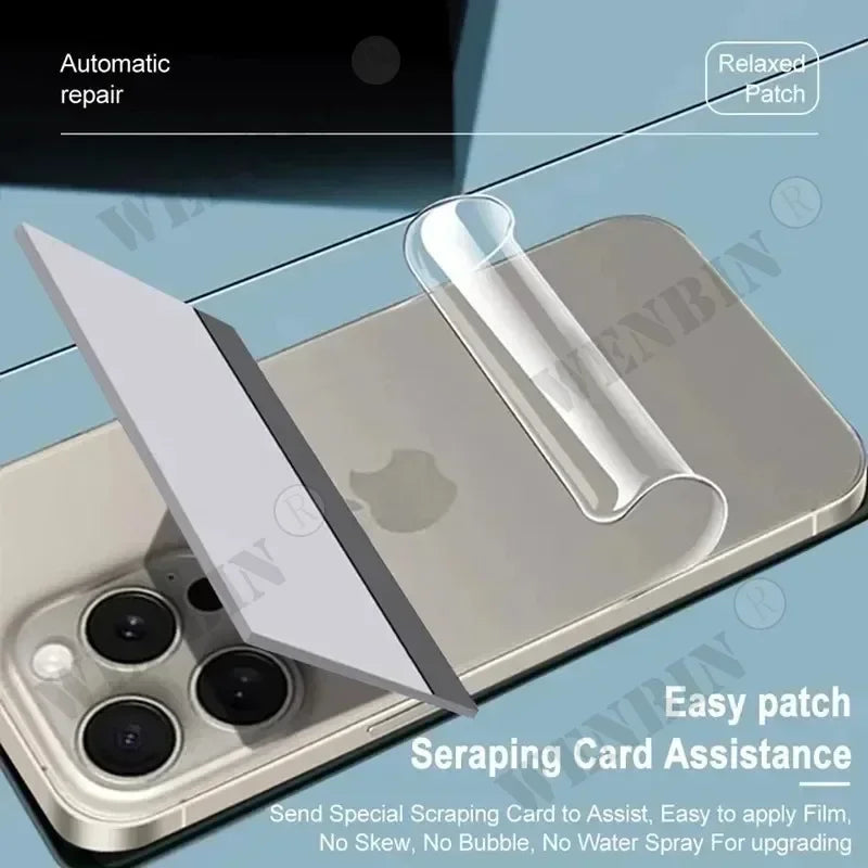 A phone with a protective film being applied using a special scraping card. Text highlights "automatic repair," "relaxed patch," and instructions for easy, bubble-free application.