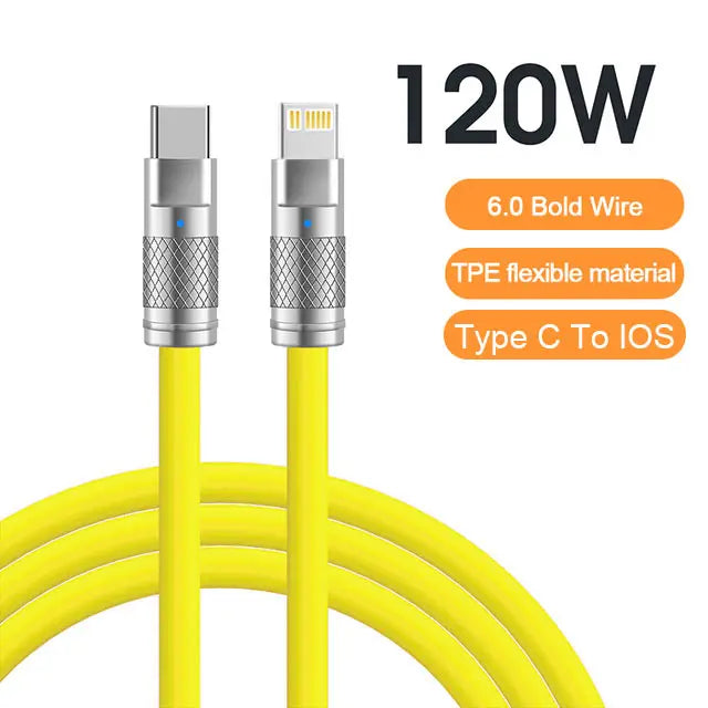 Yellow Type C to iOS cable with 120W power capability, featuring 6.0 bold wire, TPE flexible material. The connectors have a metallic finish with a textured grip.