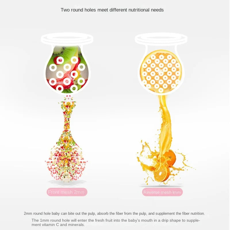 Two jars show different mesh sizes. The left jar with 2mm mesh releases fruit pulp, while the right jar with 1mm mesh releases juice. Text explains nutritional benefits for babies.