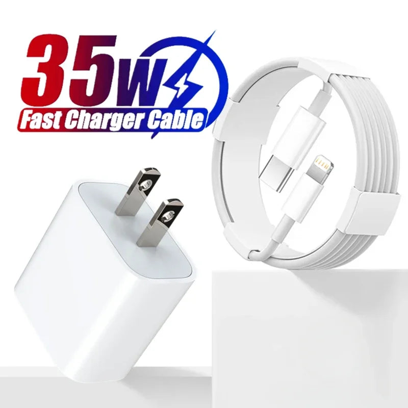 White 35W fast charger with a USB-C plug and a coiled Lightning cable, promoting rapid charging capability, set against a white background with bold text.