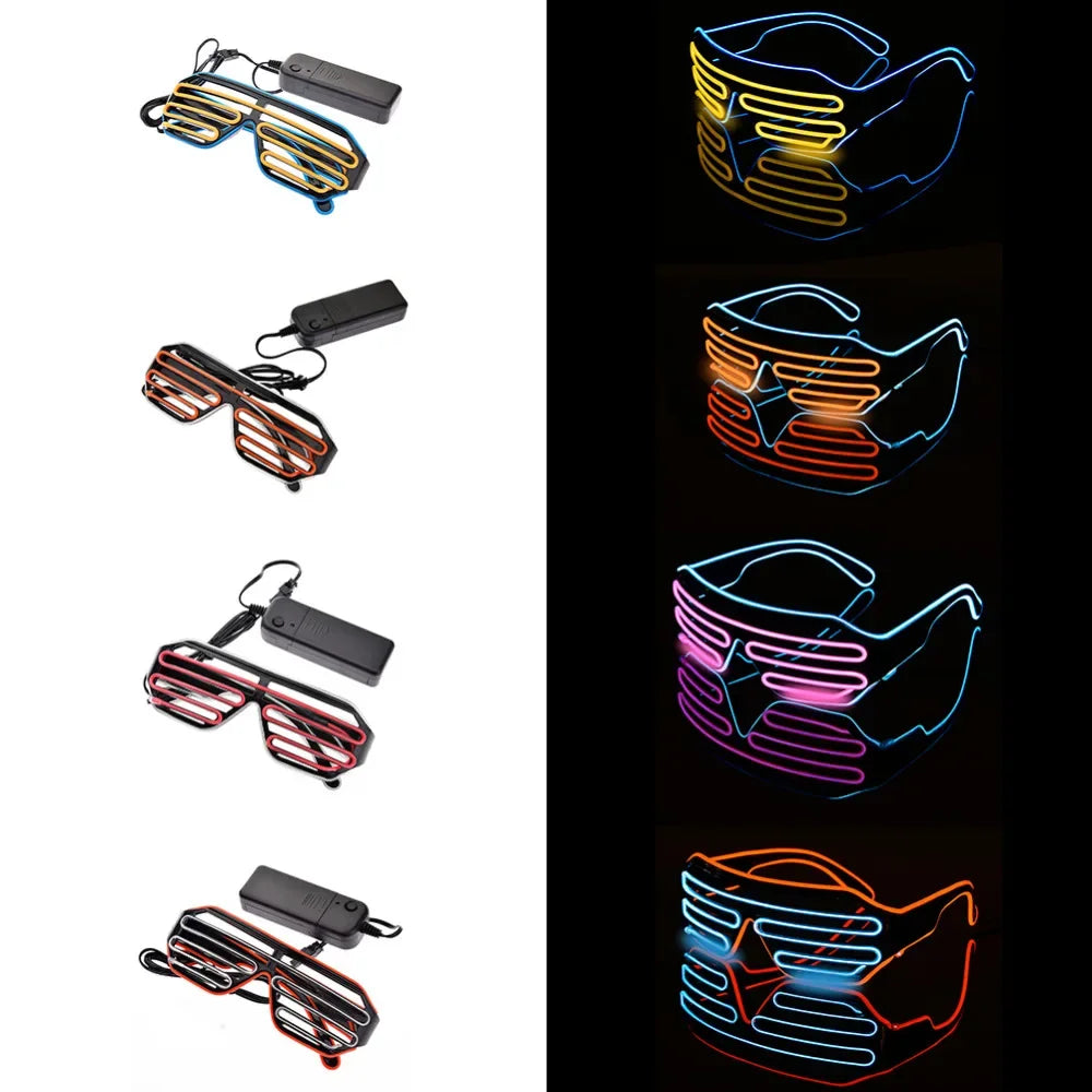 LED glasses with controllers are shown in daylight on the left and illuminated in various colors on the right. Colors include blue, orange, pink, and red, creating vibrant effects.