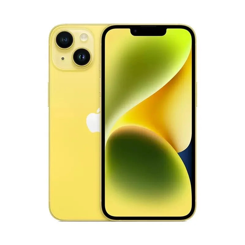 Yellow smartphone with dual rear cameras and a front display showing a yellow-green abstract wallpaper. The rear features an Apple logo.