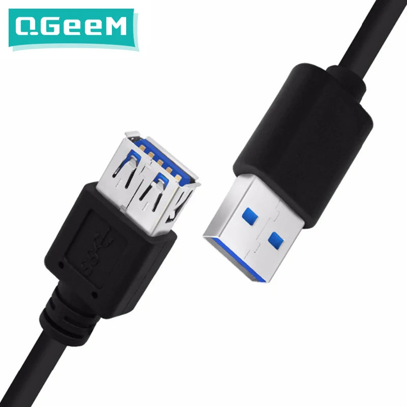 Black USB 3.0 extension cable with male and female connectors, featuring blue accents. The brand "Q.GeeM" is displayed in the top left corner on a teal background.