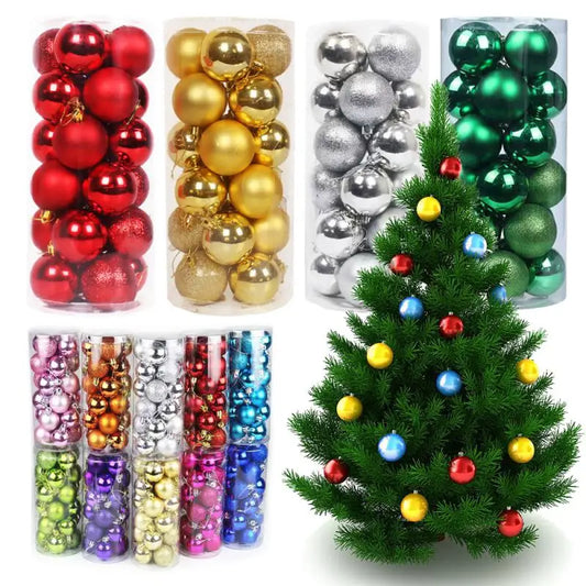 Various packs of colorful Christmas ornaments in red, gold, silver, green, and more, beside a decorated tree with matching ornaments.