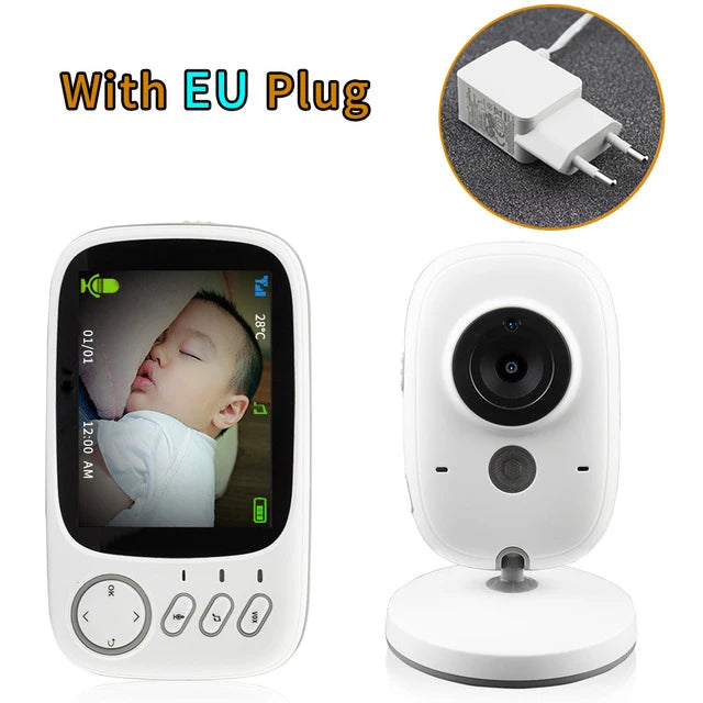 Baby monitor with a screen displaying a sleeping baby, adjacent to the camera unit. Text reads “With EU Plug,” showing a European plug adapter at the top right.
