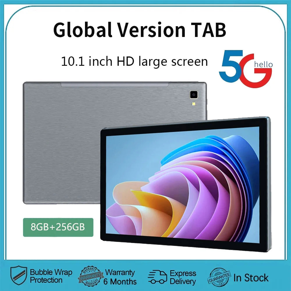 10.1-inch Global Version Tablet with HD screen, 5G capability, 8GB RAM, 256GB storage. Features bubble wrap protection, 6-month warranty, express delivery, in stock.