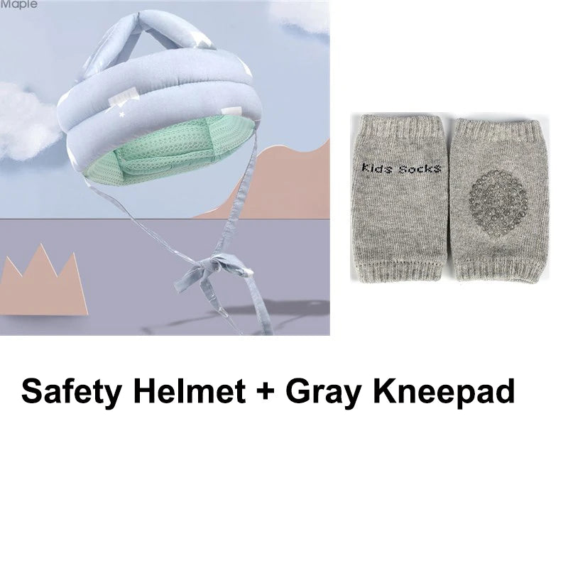 Light blue safety helmet with star pattern and chin strap next to gray kneepads labeled "kids socks," featuring a circular grip area. Text reads "Safety Helmet + Gray Kneepad."