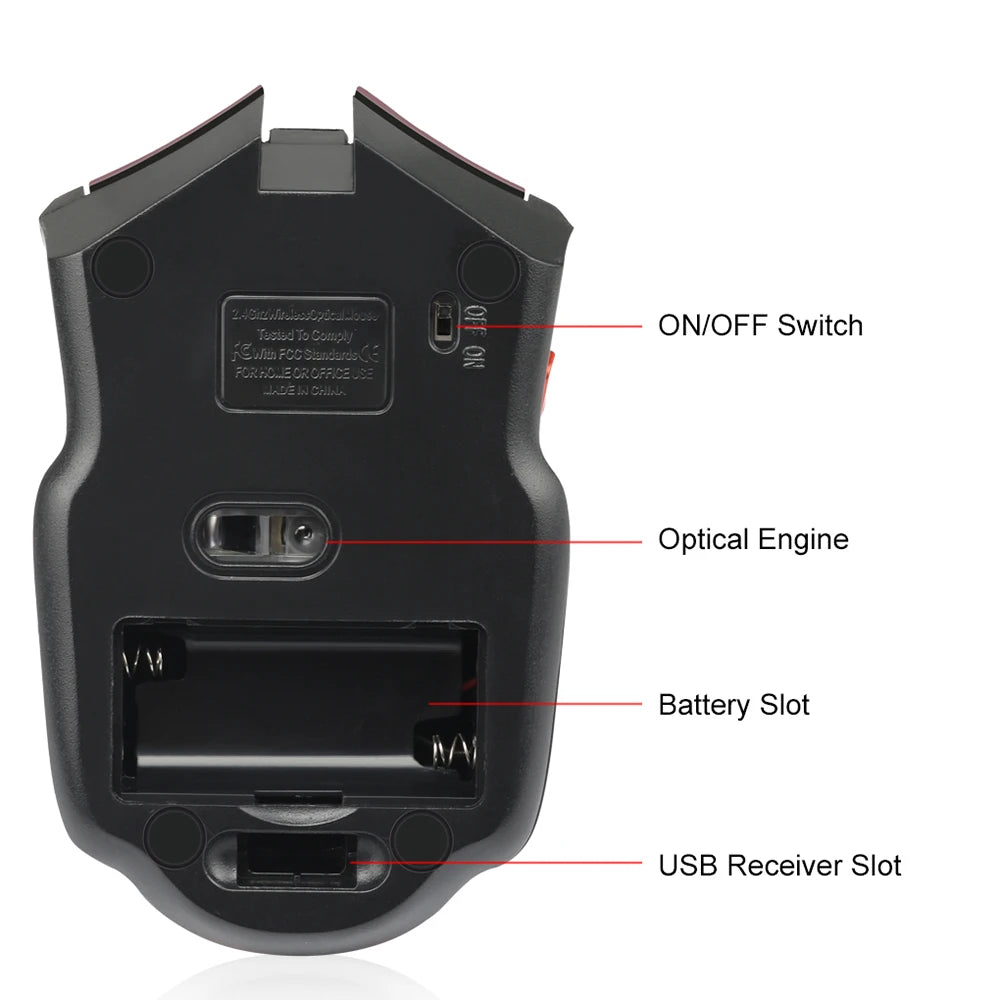 The underside of a black wireless mouse showing labeled features: ON/OFF switch, optical engine, battery slot, and USB receiver slot, with a small label plate in the center.