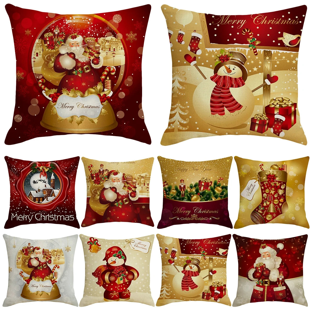 Festive cushion covers featuring Santa, snowmen, stockings, and Christmas scenes in red, gold, and white, with "Merry Christmas" greetings and decorative holiday motifs.